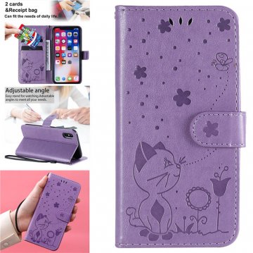 iPhone XS/X Embossed Cat Bee Wallet Magnetic Stand Case Purple