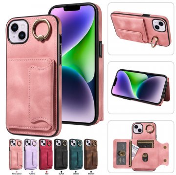For iPhone 14 Plus Card Holder Ring Kickstand Case Pink