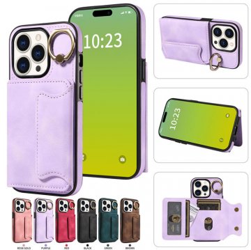 For iPhone 15 Pro Card Holder Ring Kickstand Case Purple