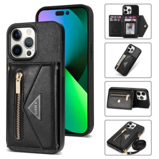 Crossbody Zipper Wallet iPhone 14 Pro Max Case With Strap Black