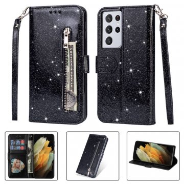 Samsung Galaxy S21/S21 Plus/S21 Ultra Zipper Pocket Bling Glitter Leather Case Black