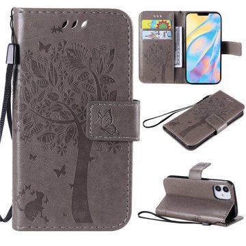 iPhone 12 Mini Embossed Tree Cat Butterfly Wallet Stand Case Gray