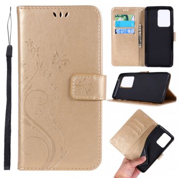 Samsung Galaxy S20 Ultra Butterfly Pattern Wallet Magnetic Stand Case Gold