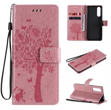 Sony Xperia 5 II Embossed Tree Cat Butterfly Wallet Stand Case Pink