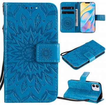 iPhone 12 Mini Embossed Sunflower Wallet Magnetic Stand Case Blue
