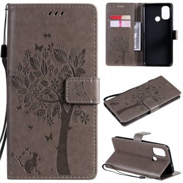 OnePlus Nord N100 Embossed Tree Cat Butterfly Wallet Stand Case Gray