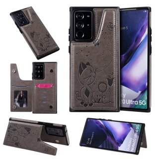 Samsung Galaxy Note 20 Ultra Luxury Bee and Cat Magnetic Card Slots Stand Cover Gray