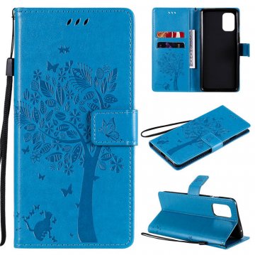 OnePlus 8T Embossed Tree Cat Butterfly Wallet Stand Case Blue