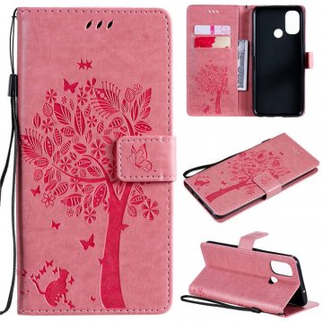 OnePlus Nord N100 Embossed Tree Cat Butterfly Wallet Stand Case Pink