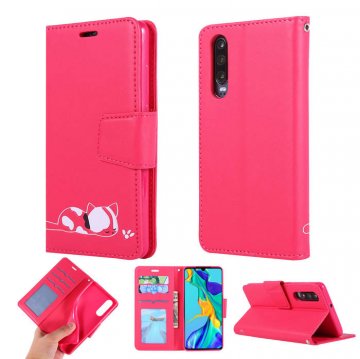 Huawei P30 Cat Pattern Wallet Magnetic Stand Case Red