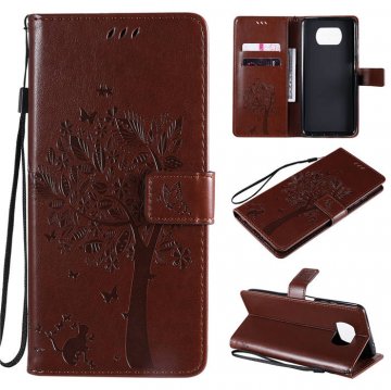 Xiaomi Poco X3 NFC Embossed Tree Cat Butterfly Wallet Stand Case Brown