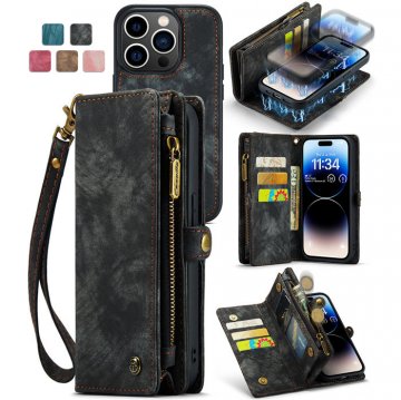 CaseMe iPhone 14 Pro Zipper Wallet Case with Wrist Strap Black