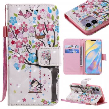iPhone 12 Mini Flower Tree Swing Girl Painted Wallet Magnetic Kickstand Case