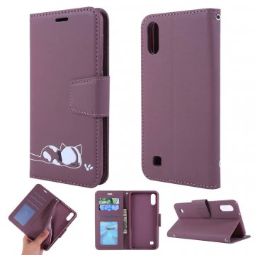 Samsung Galaxy A10 Cat Pattern Wallet Magnetic Stand Case Brown