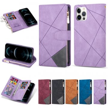 iPhone 12 Pro Max Color Splicing Lines Wallet Stand Case Purple