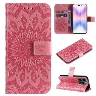 Embossed Sunflower iPhone 14 Pro Wallet Magnetic Case Pink