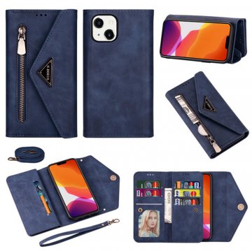 iPhone 13 Mini Crossbody Lanyard Zipper Pocket Wallet Case Blue