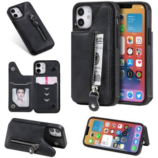 iPhone 12 Mini Zipper Pocket Card Slots Magnetic Clasp Stand Case Black