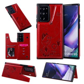 Samsung Galaxy Note 20 Ultra Luxury Bee and Cat Magnetic Card Slots Stand Cover Red