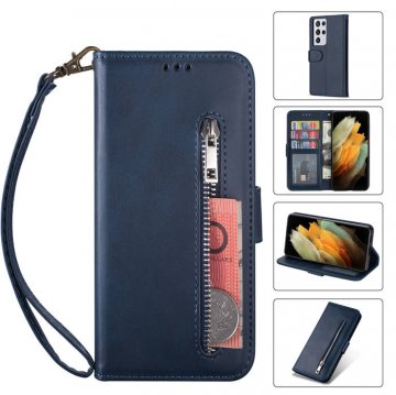 Samsung Galaxy S21/S21 Plus/S21 Ultra Zipper Pocket Wallet Magnetic Case Blue