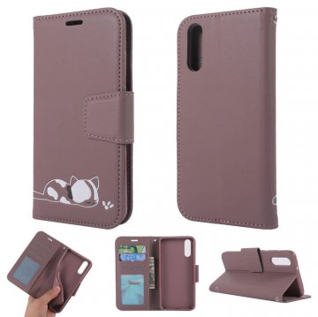 Huawei P20 Cat Pattern Wallet Magnetic Stand Case Brown