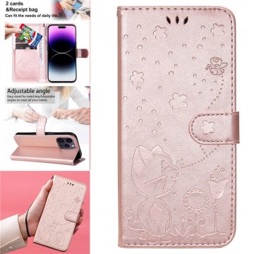 Embossing Bee and Cat Leather Wallet Magnetic Kickstand Case Rose Gold