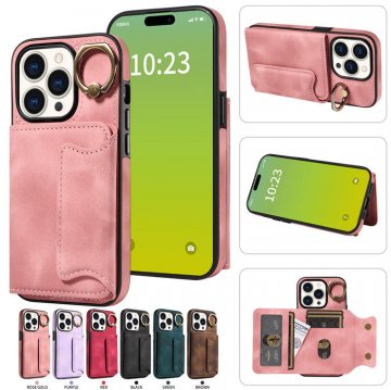 For iPhone 15 Pro Card Holder Ring Kickstand Case Pink