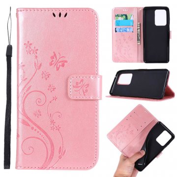 Samsung Galaxy S20 Ultra Butterfly Pattern Wallet Magnetic Stand Case Rose Gold