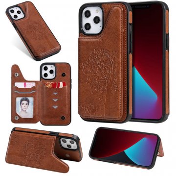 iPhone 12 Pro Max Luxury Tree and Cat Magnetic Card Slots Stand Cover Brown