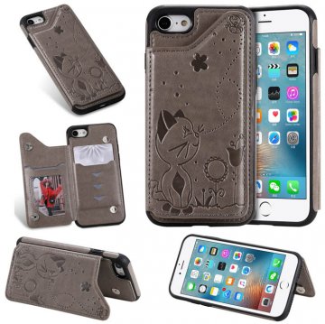 iPhone 7/8 Bee and Cat Embossing Magnetic Card Slots Stand Cover Gray