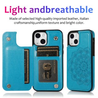 Mandala Embossed iPhone 13 Mini Case with Card Holder Blue