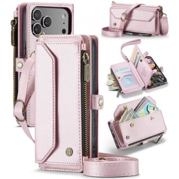CaseMe iPhone 17 Pro Wallet RFID Blocking Crossbody Case with Wireless Charging Pink