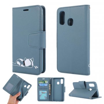 Samsung Galaxy A40 Cat Pattern Wallet Magnetic Stand Case Blue