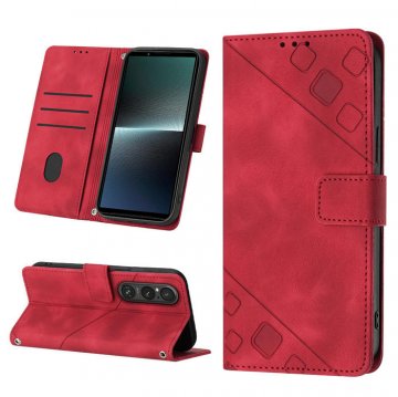 Skin-friendly Sony Xperia 1 V Wallet Stand Case with Wrist Strap Red