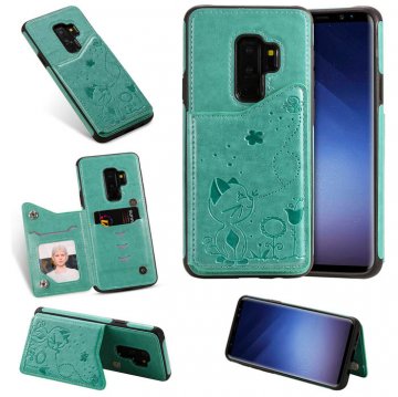 Samsung Galaxy S9 Plus Bee and Cat Card Slots Stand Cover Green