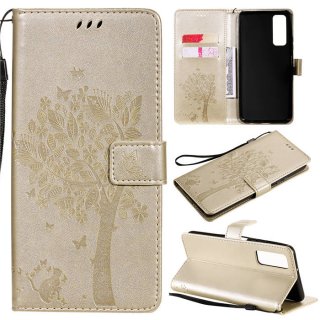 Huawei P Smart 2021 Embossed Tree Cat Butterfly Wallet Stand Case Gold