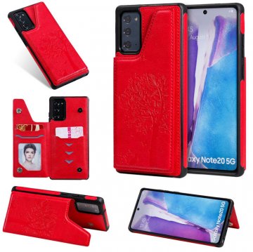 Samsung Galaxy Note 20 Luxury Tree and Cat Magnetic Card Slots Stand Cover Red