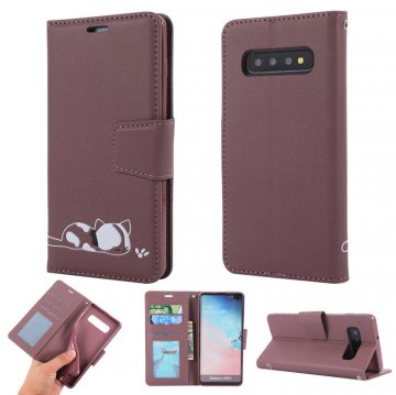 Samsung Galaxy S10 Plus Cat Pattern Wallet Stand Case Brown