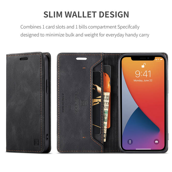 Autspace iPhone 12 Wallet Kickstand Magnetic Shockproof Case Black
