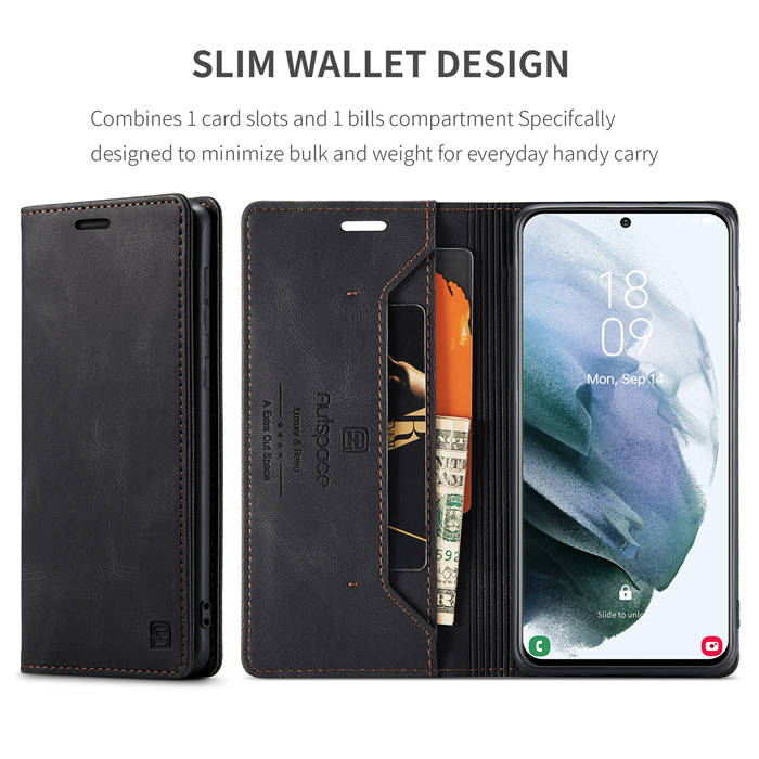 Autspace Samsung Galaxy S21 Wallet Kickstand Magnetic Shockproof Case Black