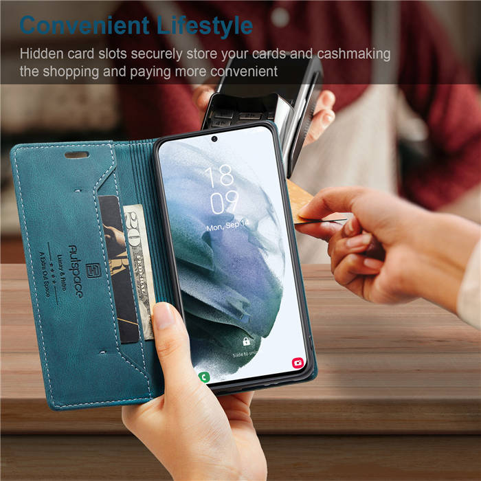 Autspace Samsung Galaxy S21 Wallet Kickstand Magnetic Shockproof Case Blue
