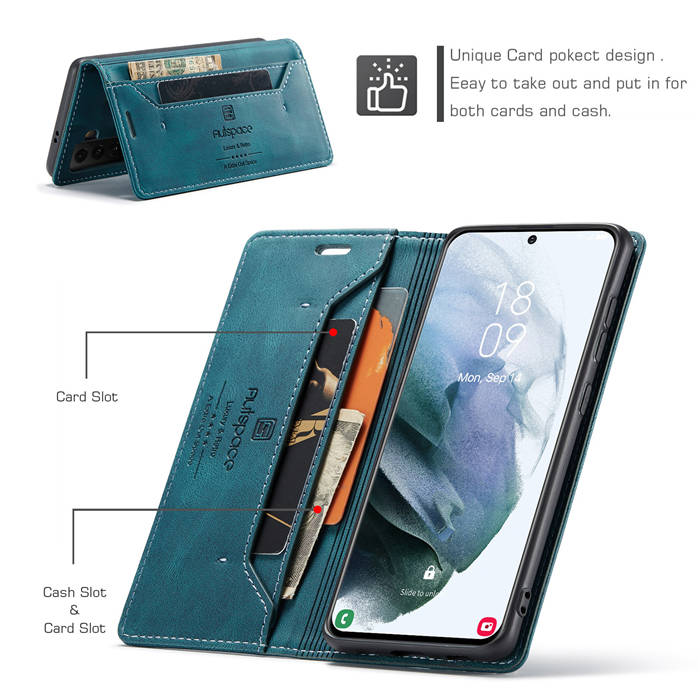 Autspace Samsung Galaxy S21 Wallet Kickstand Magnetic Shockproof Case Blue