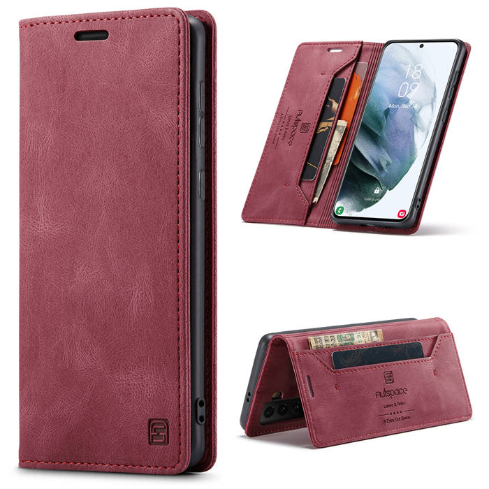 Autspace Samsung Galaxy S21 Wallet Kickstand Magnetic Shockproof Case Red