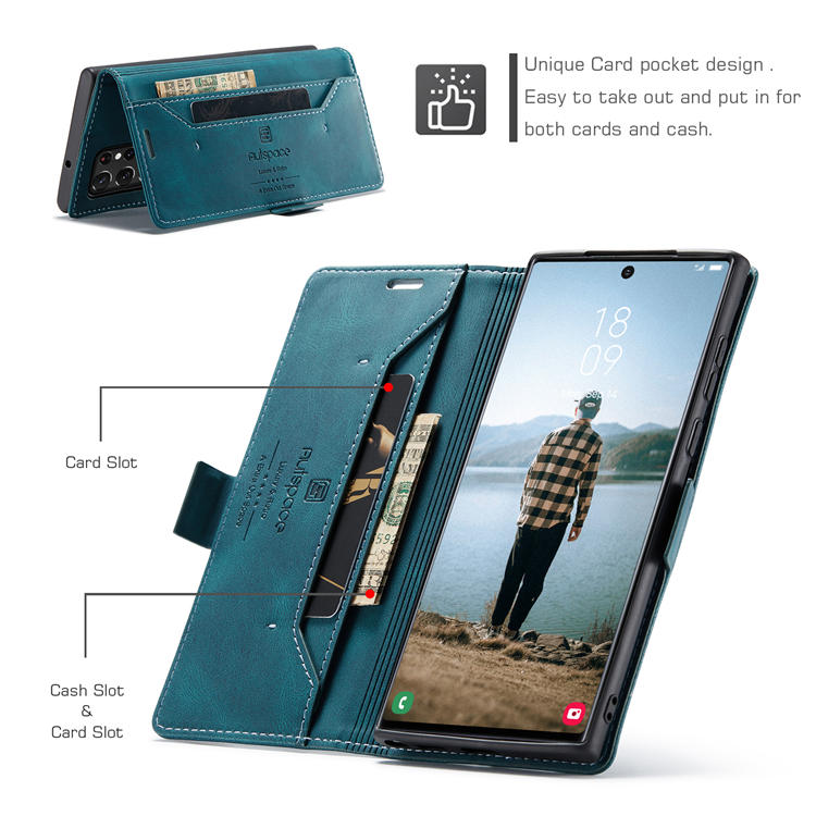 AutSpace Samsung Galaxy S22 Ultra Wallet RFID Blocking Case Blue