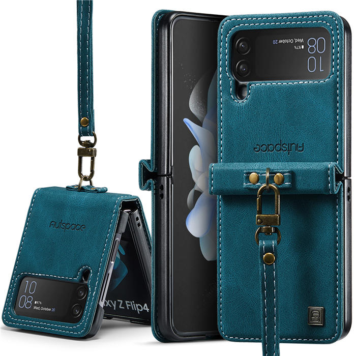 Autspace Case Cover For Samsung Galaxy Z Flip4 5G PU Leather with Detachable Hand Strap