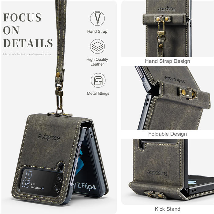 Autspace Case Cover For Samsung Galaxy Z Flip4 5G PU Leather with Detachable Hand Strap