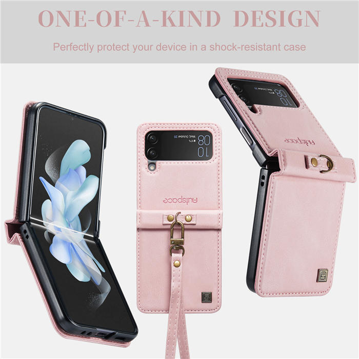 Autspace Case Cover For Samsung Galaxy Z Flip4 5G PU Leather with Detachable Hand Strap