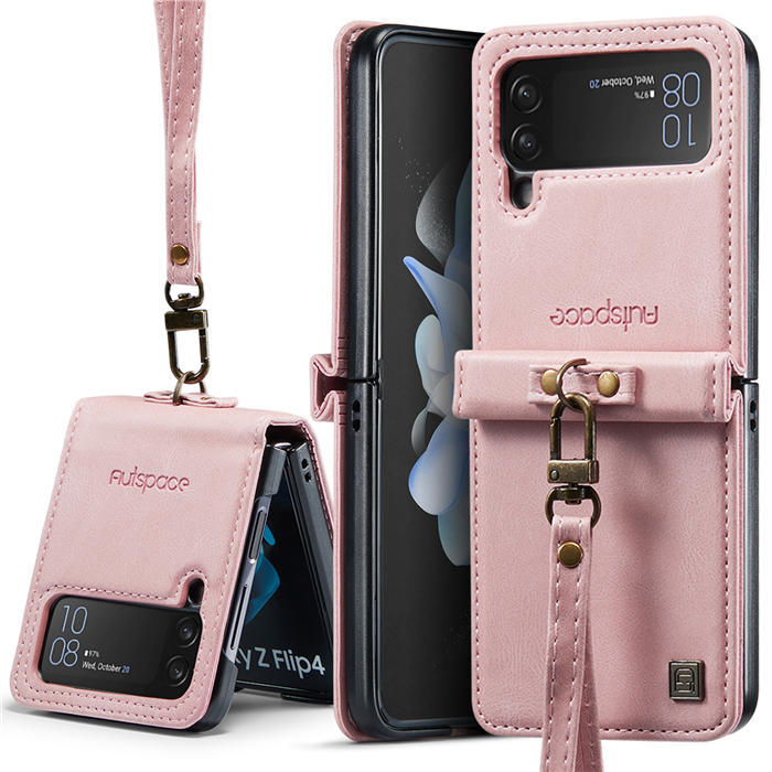 Autspace Case Cover For Samsung Galaxy Z Flip4 5G PU Leather with Detachable Hand Strap