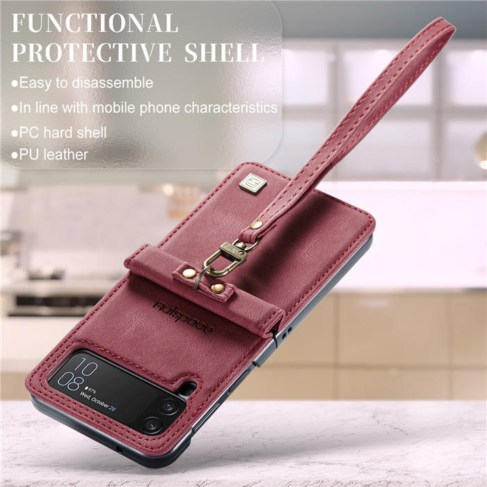 Autspace Case Cover For Samsung Galaxy Z Flip4 5G PU Leather with Detachable Hand Strap