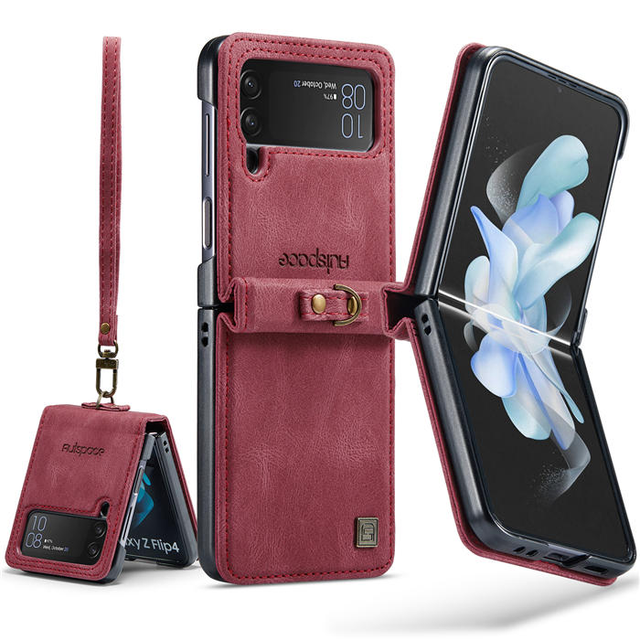 Autspace Case Cover For Samsung Galaxy Z Flip4 5G PU Leather with Detachable Hand Strap